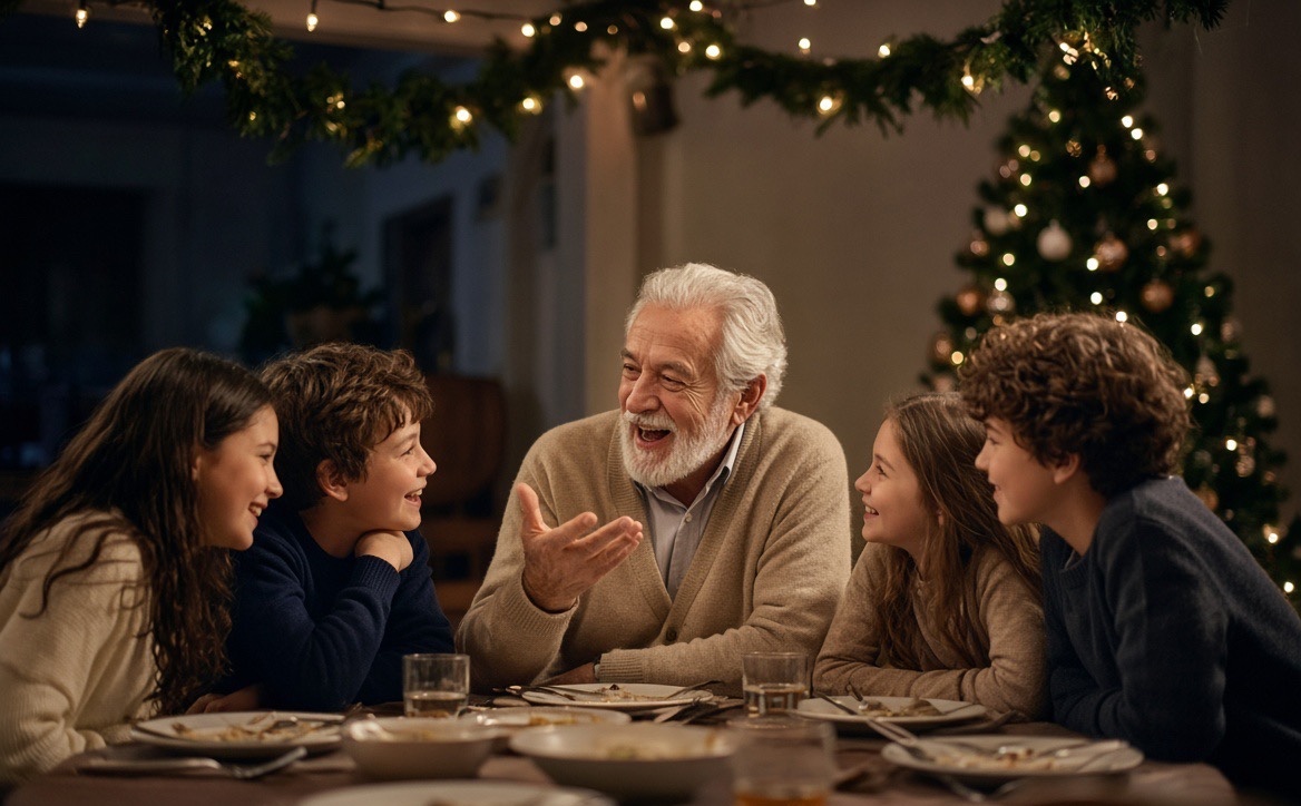 A grandad telling a story to his laughing grandchildren at a Christmas dinner table