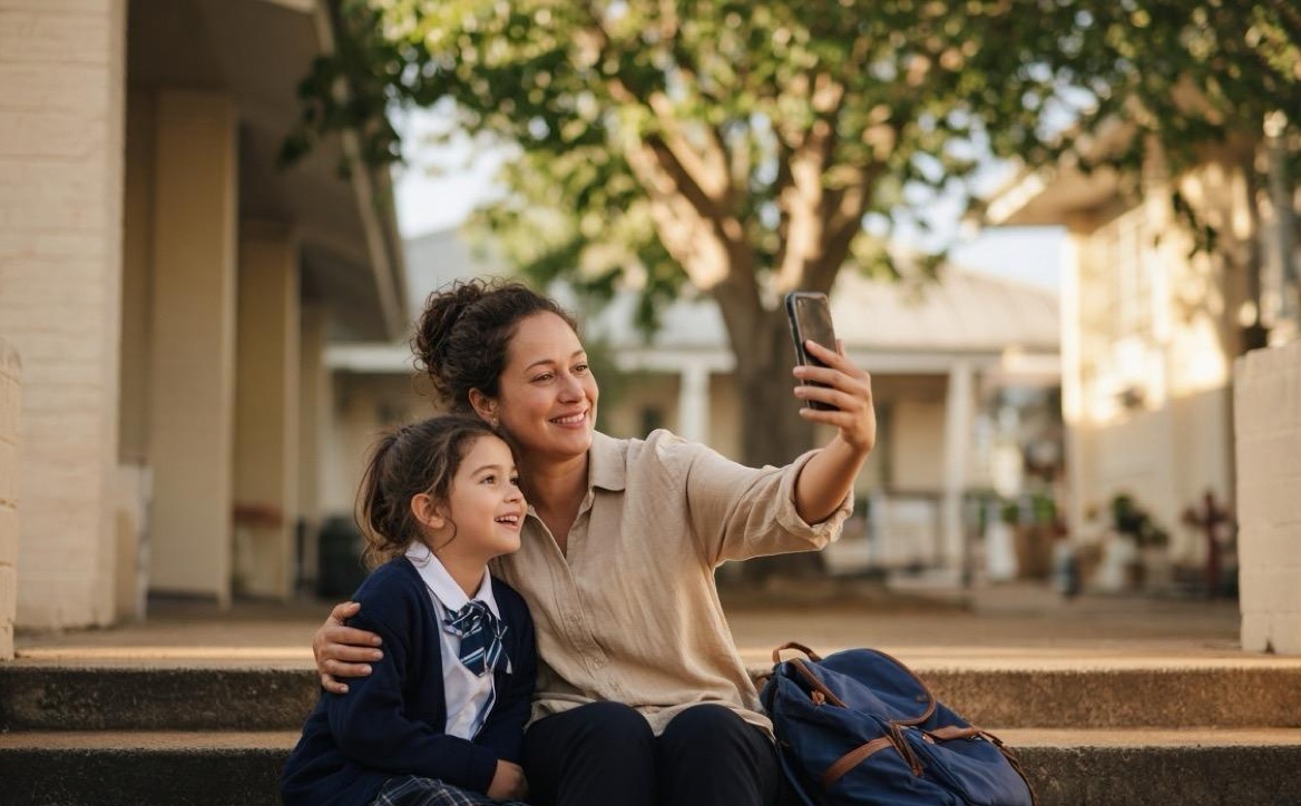 A mum and her daughter in school uniform smiling as they record a video message on a phone, sitting on the school steps on the first day of school