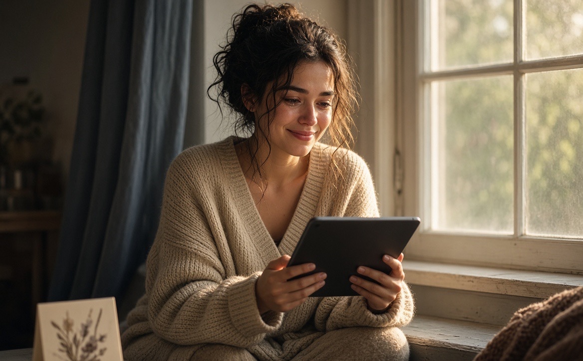 A young woman smiling as she watches a message on a tablet by a sunlit window