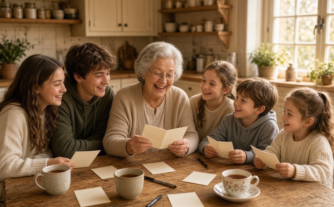 A grandmother laughing as she reads handwritten question cards from her five grandchildren at a kitchen table
