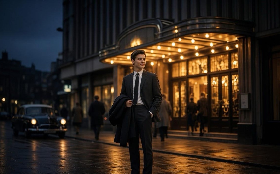 A young man in a 1960s suit standing outside a glowing London cinema at dusk