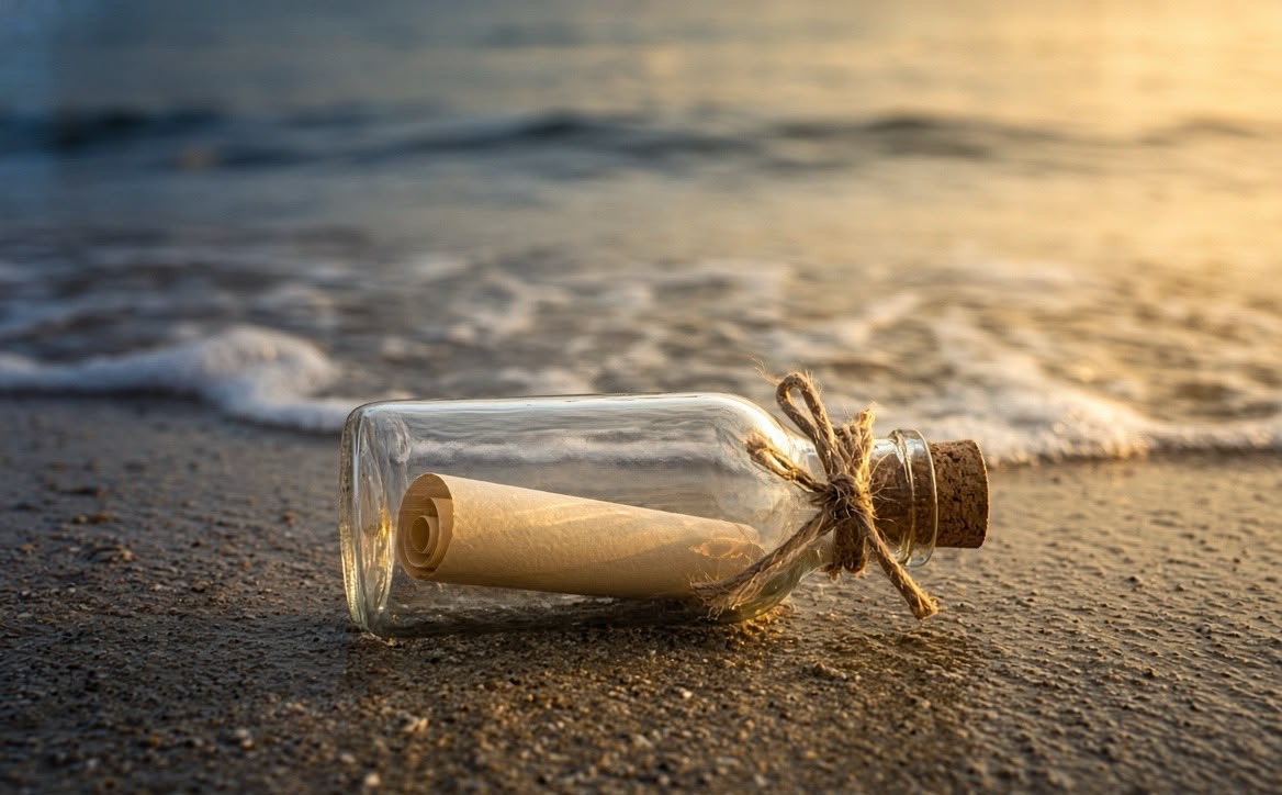A glass bottle with a rolled message inside resting on the sand at the water's edge at golden hour
