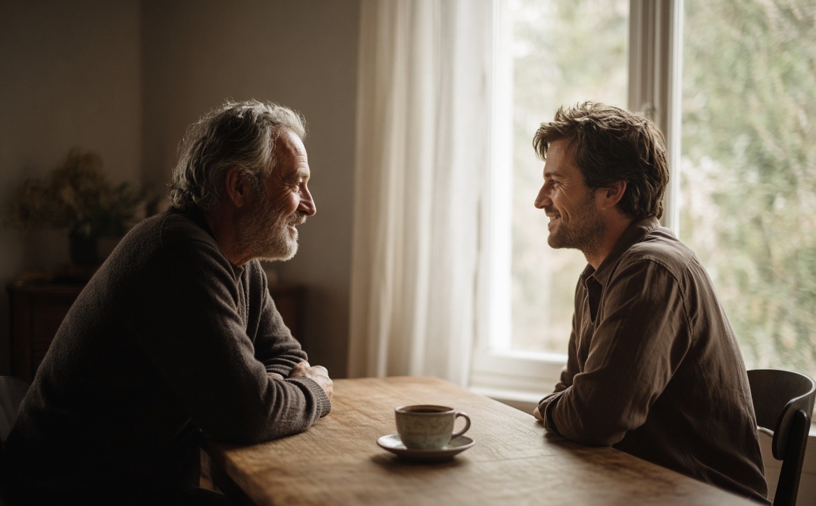 A father and his adult son smiling at each other across a wooden table beside a bright window