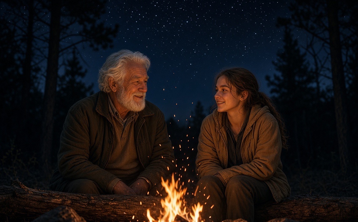 A grandfather and his granddaughter smiling at each other beside a campfire under a starry sky