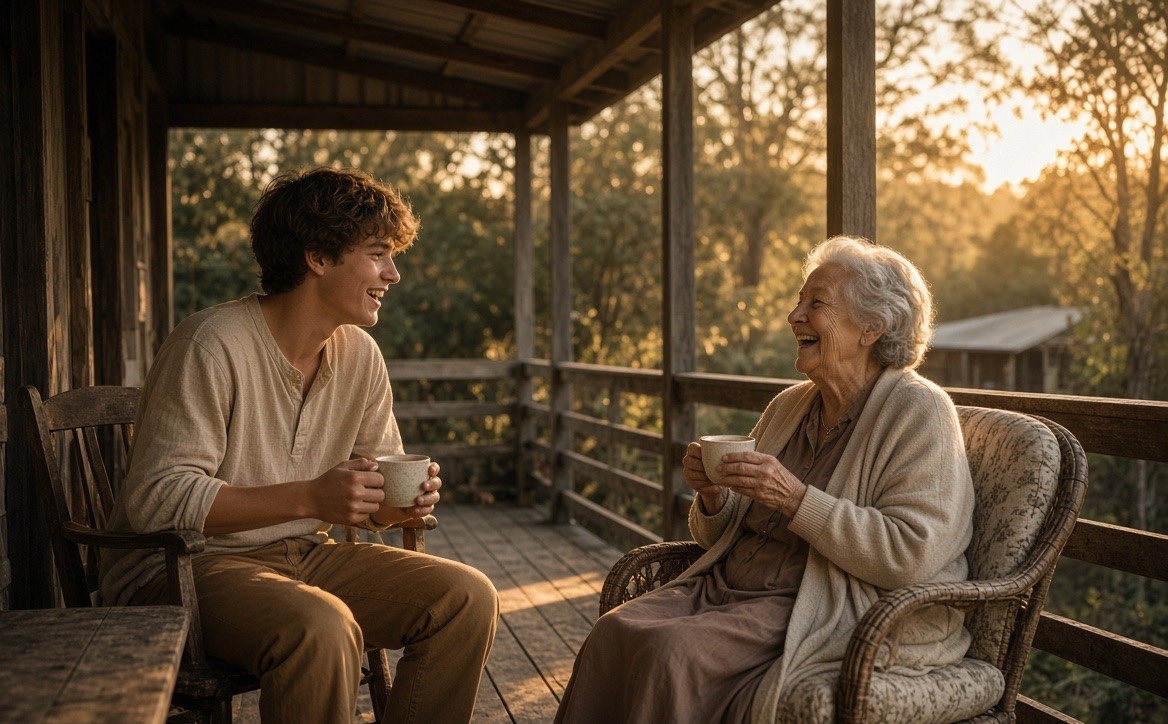A grandson and his grandmother laughing together over cups of tea on a porch at sunset