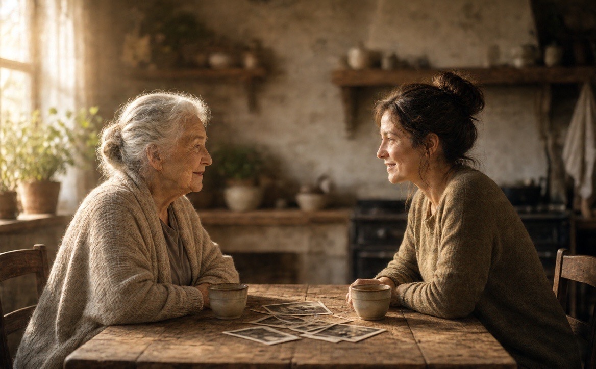 An older mother and her daughter smiling at each other across a rustic kitchen table scattered with old photos