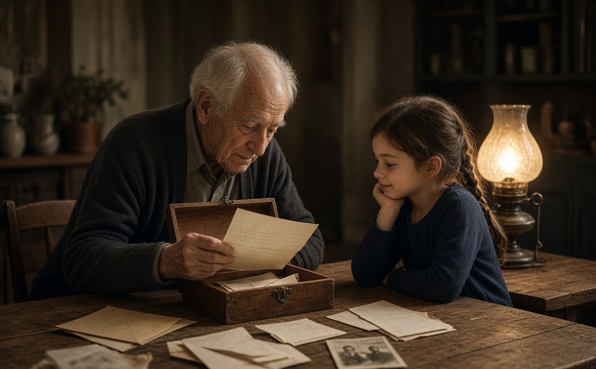 A grandfather reading old letters from a wooden box while his young granddaughter listens by lamplight