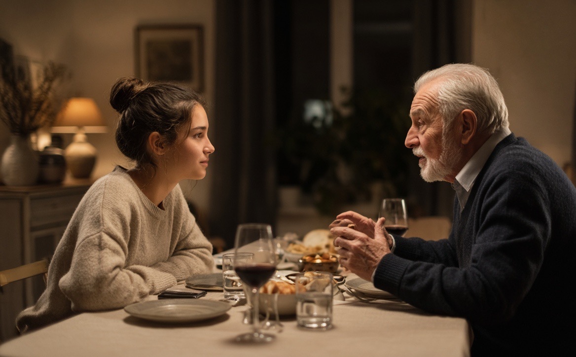 A teenage girl listening closely as her grandfather tells a story over dinner