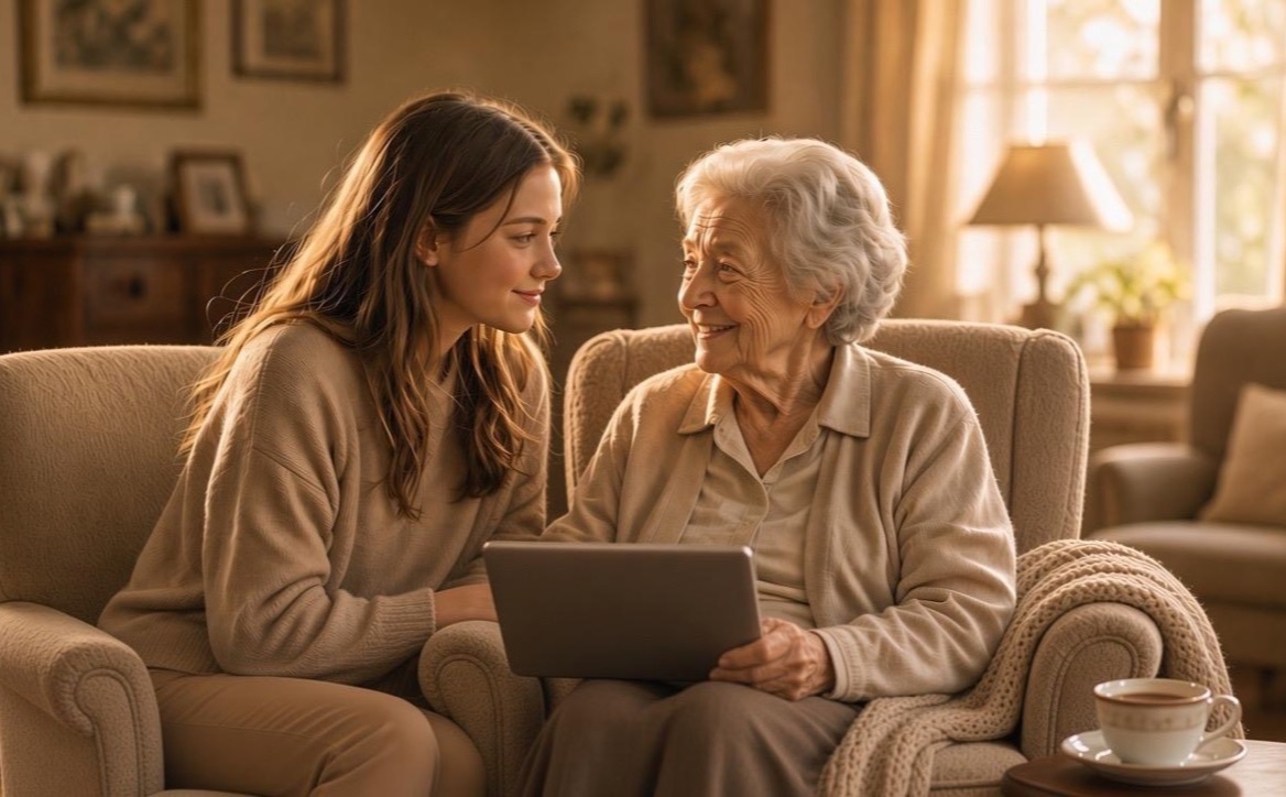 A teenage girl and an elderly woman deep in conversation in an aged care home lounge, an iPad resting on their laps