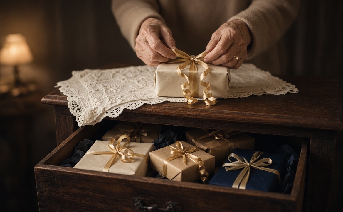 An elderly woman's hands tying a ribbon on a wrapped Christmas present beside an open wooden drawer