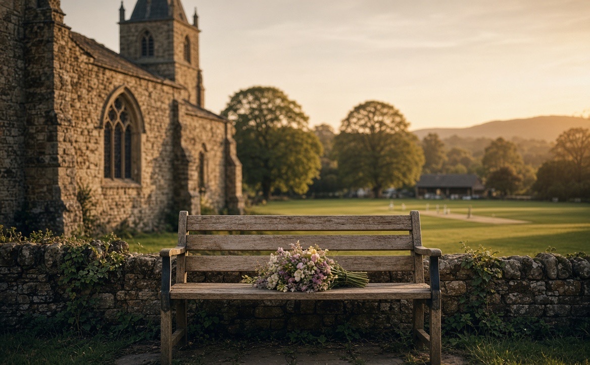 A wooden bench with a bouquet of flowers outside a village church in an English country village at golden hour