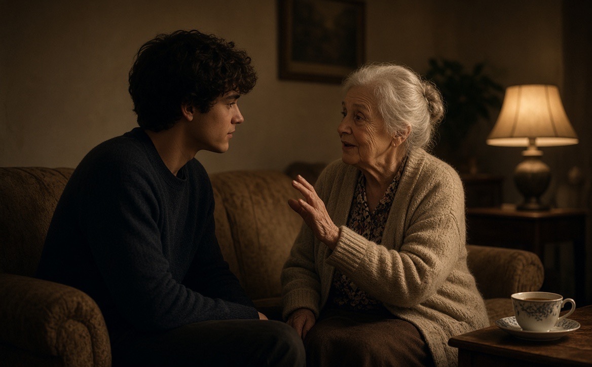 A young man listening as an older woman shares a story on a sofa in a lamp-lit living room