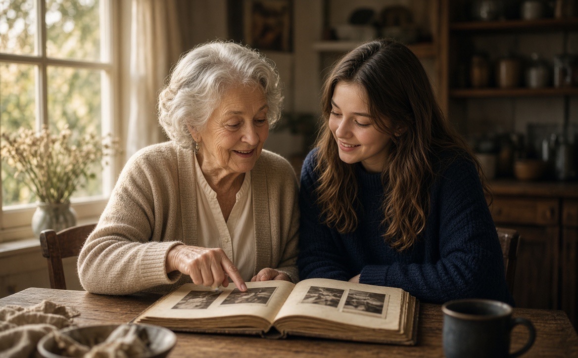 A grandmother pointing to a photo in an old album as her granddaughter looks on smiling
