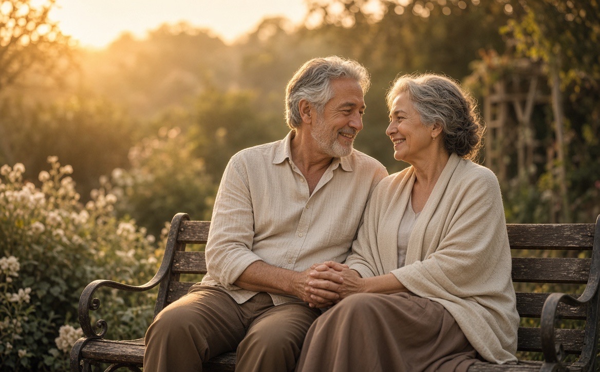 An older couple holding hands and smiling at each other on a garden bench at sunset
