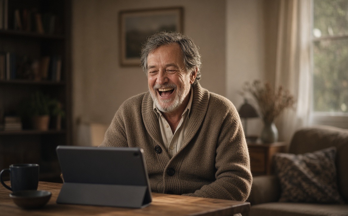 An older man laughing as he records a video message on a tablet at home