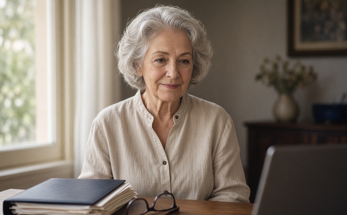 An older woman with a folder of papers and her glasses, recording a message on a laptop